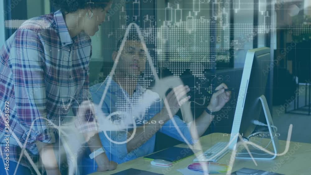 Poster animation of businesswoman and businessman using a computer with financial data processing