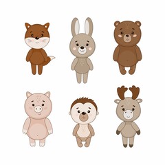 Vector set with cute animals on white background. Fox, rabbit, bear, pig, hedgehog, moose