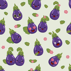 Cute kawaii emoji eggplant, seamless vector background