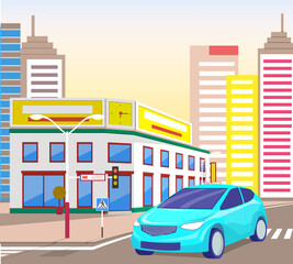 Cityscape of modern city, vehicle on road. Downtown of town with architecture. Skyline with streets and infrastructure of urban area. Auto passing pedestrian crossing. Vector in isometric 3D style