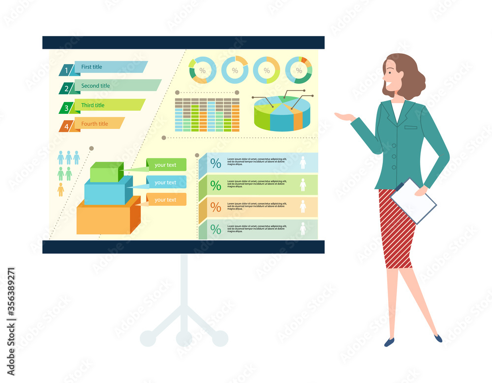 Poster woman full length view presenting board with chart and diagram statistic, worker showing graphs with