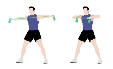 Isolated fit muscle man standing training triceps and arms with an elastic. Gym, fitness. Flat style vector illustration.