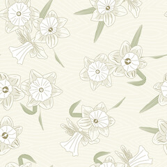Vector Daffodil Flowers in Green White Beige Scattered on Beige Background Seamless Repeat Pattern. Background for textiles, cards, manufacturing, wallpapers, print, gift wrap and scrapbooking.