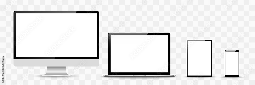 Poster set of compute, laptop, smartphone with empty screens. design on transparent background. . vector il