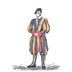 Papal Swiss Vatican Guard in medical face mask, Hand drawn vector illustration, Colored sketch