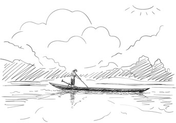 Fototapeta premium Man standing and rowing long boat on lake with mountains and clouds on backdrop, Hand drawn vector sketch
