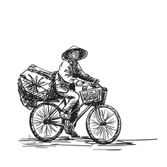 Obraz premium Person in vietnamese hat cycling on heavy loaded bicycle, Vector hand drawn sketch