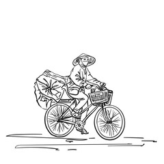 Person in vietnamese hat cycling on heavy loaded bicycle, Vector hand drawn linear sketch