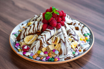 Sweet Waffles with milk chocolate, white chocolate, vanilla cream, strawberries, banana, vanilla ice cream sweet popcorn