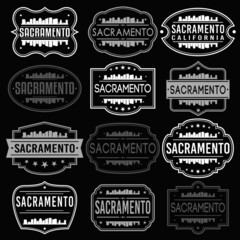 Sacramento California Skyline. Premium Quality Stamp Frames. Grunge Design. Icon Art Vector. Old Style Frames.