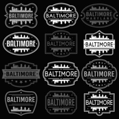 Baltimore Maryland Skyline. Premium Quality Stamp Frames. Grunge Design. Icon Art Vector. Old Style Frames. - obrazy, fototapety, plakaty
