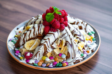 Sweet Waffles with milk chocolate, white chocolate, vanilla cream, strawberries, banana, vanilla ice cream sweet popcorn