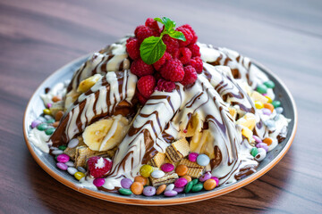 Sweet Waffles with milk chocolate, white chocolate, vanilla cream, strawberries, banana, vanilla ice cream sweet popcorn