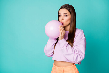 Photo of crazy lady blowing air balloon prepare decorations surprise birthday party holiday wear...
