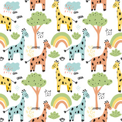 Bright childish seamless pattern with animals. Cute giraffes and Doodle elements. Colorful cartoon vector illustration for kids decor and textiles.