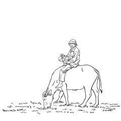 Asian farmer man is riding buffalo, Vector hand drawn linear sketch