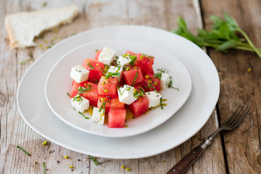 Salad with Watermelon, Feta Cheese, Mint and Pistachios