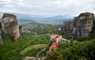 View over the orthodox monasteries of Meteora (Greece) in a stunning mountain landscape