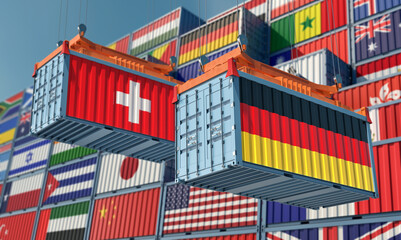 Freight containers on a Terminal with German and Switzerland flag. 3D Rendering 