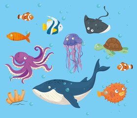 octopus animal marine in ocean, with cute underwater creatures,habitat marine vector illustration design