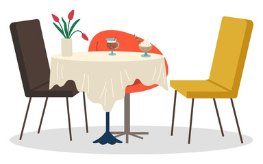 Fototapeta premium Chairs near single leg table for meal and drinks. Place for date in cafeteria, interior of cafe. Desk with flowers, dessert and coffee. Vector illustration of furniture in coffeehouse in flat style