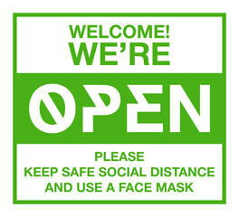 We are open please come in sign board illustration isolated on whie background. it's over sign Banner reopen on the front door with text welcome we're open again after quarantine COVID19 coronavirus