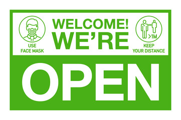 We are open please come in sign board illustration isolated on whie background. it's over sign Banner reopen on the front door with text welcome we're open again after quarantine COVID19 coronavirus