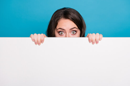 Closeup photo of pretty funny crazy lady hold hands empty advertisement banner peeking eyes hiding face tricky read novelty surprise placard isolated blue color background