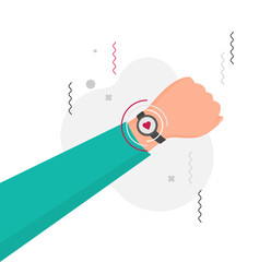 Smart watch on hand design over color background, flat vector illustration