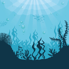 Fototapeta na wymiar underwater silhouette background, undersea coral reef, ocean fish and marine algae scene, habitat marine concept vector illustration design