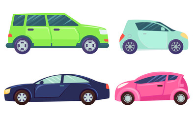 Obraz na płótnie Canvas Minicar vector, isolated set of vehicles of different color and size flat style. Ecological transports in city, eco-friendly automobiles transportation illustration in flat style design for web, print