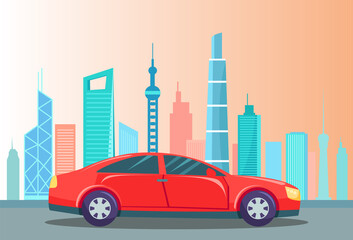 Car on road of city vector, red sportscar in town with skyscrapers. Modern business downtown with automobile, vehicle and landscape. Transportation illustration in flat style design for web, print