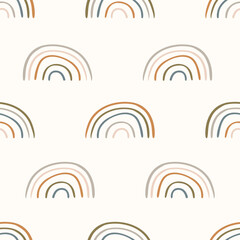 Seamless background rainbow gender neutral baby pattern. Simple whimsical minimal earthy 2 tone color. Kids nursery wallpaper or boho fashion all over print. 