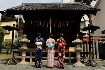 日本の神社でお参りする美しい浴衣の女性