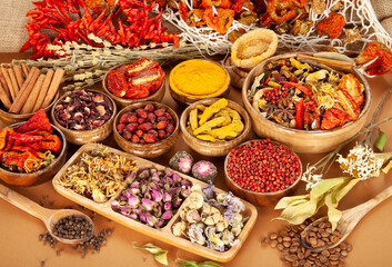 Various dried medicinal herbs. Natural Herbal Medicine Selection.