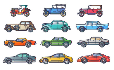 Car history illustration in flat line trendy style. Evolution with retro and vintage car. Line art.