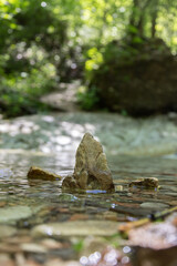 Spirituality and nature concept: Small stone in the fresh and clean water of a mountain creek