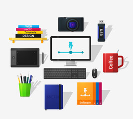 Designers tools icons in flat style and long shadow. Detailed flat style.