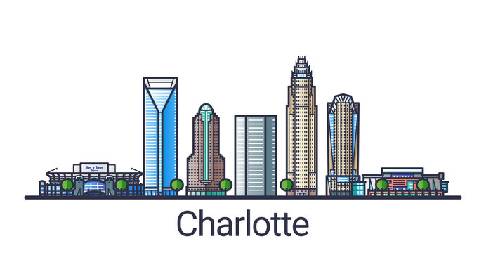 Banner of Charlotte city in flat line trendy style. Charlotte city line art. All buildings separated and customizable.