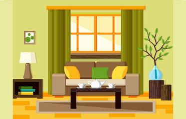 Lliving room flat illustration in eco style. Sofa, table, window and plants eco. Green colors.