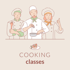 Cooking classes vector banner template with text space. Culinary courses cartoon outline poster design.