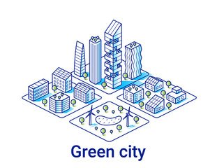 Green city illustration in linear isometric style. Modern eco houses and skyscrapers with solar panels. Art line. All objects editable.