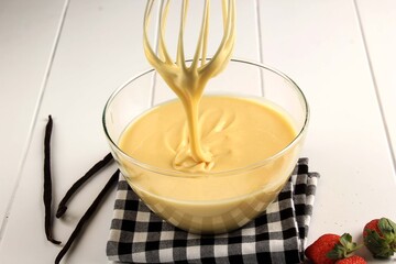 Making Pancakes, Cake, Baker Hands Pouring Batter and Whisking Batter in Bowl. Concept of Cooking Ingredients and Method on White Wooden Background, Dessert recipes and Homemade Food.