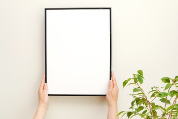 Styled stock photo, blank black frame mockup and greenery, hands holding frame, minimalist interior, green plant, artwork display.