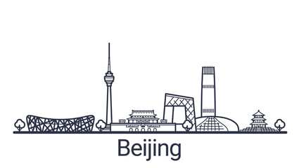 Linear banner of Beijing city. All Beijing buildings - customizable objects with opacity mask, so you can simple change composition and background fill. Line art.