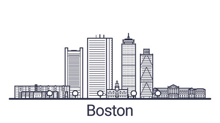 Linear banner of Boston city. All buildings - customizable different objects with clipping mask, so you can change background and composition. Line art.