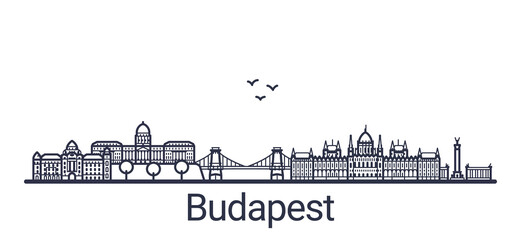 Naklejka premium Linear banner of Budapest city. All Budapest buildings - customizable objects with opacity mask, so you can simple change composition and background fill. Line art.