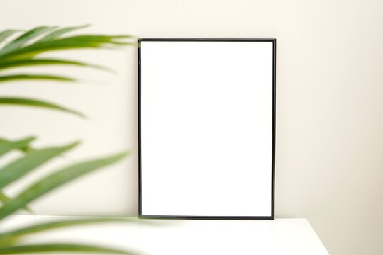 Black frame mockup for artwork and green palm tree leaves, minimal, ascetic stock styled photo.