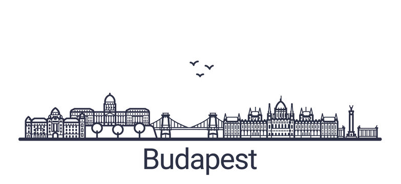 Linear banner of Budapest city. All Budapest buildings - customizable objects with opacity mask, so you can simple change composition and background fill. Line art.