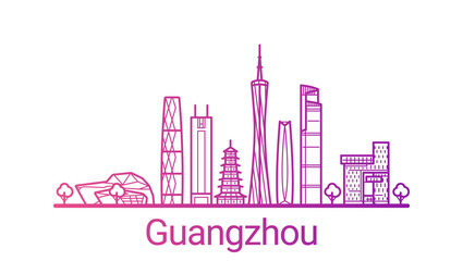 Guangzhou city colored gradient line. All Guangzhou buildings - customizable objects with opacity mask, so you can simple change composition and background fill. Line art.